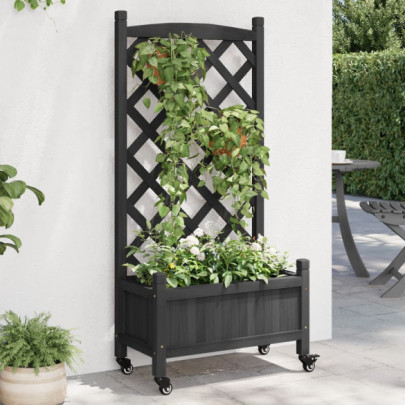 Jardinieră cu spalier și roți - negru - lemn masiv de brad