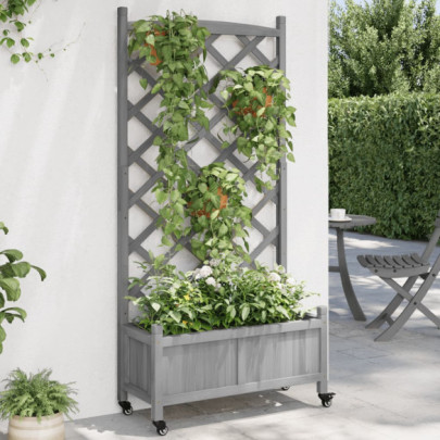 Jardinieră cu spalier și roți - gri - lemn masiv de brad