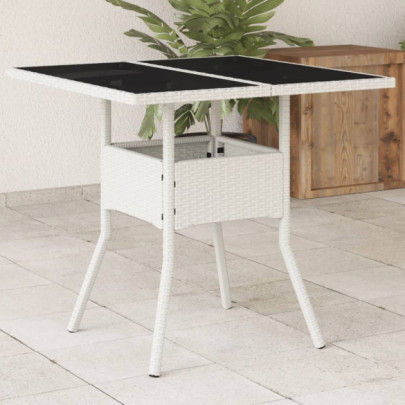 Masă de grădină cu blat din sticlă - alb - 80x80x75 cm - poliratan