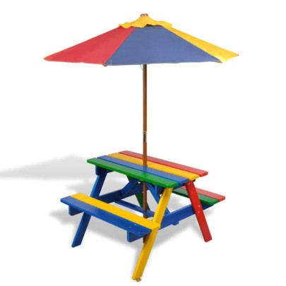 Masă de picnic pentru copii cu bănci și umbrelă - lemn multicolor
