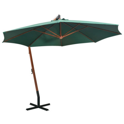 Umbrelă de soare suspendată 350 cm - stâlp din lemn - verde