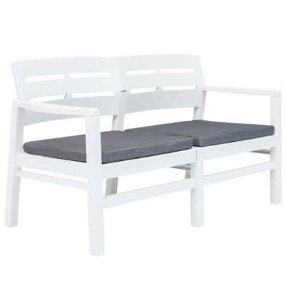 Bancă de grădină cu 2 locuri - perne - alb - 133 cm - plastic