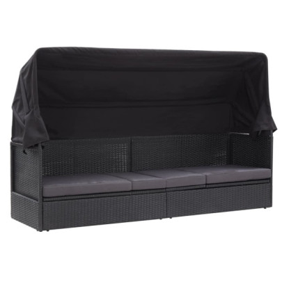 Pat canapea de exterior cu copertină - negru - poliratan