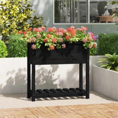 Jardinieră cu raft - negru - 82,5x34,5x81 cm - lemn masiv de pin