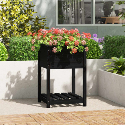 Jardinieră cu raft - negru - 54x54x81 cm - lemn masiv de pin