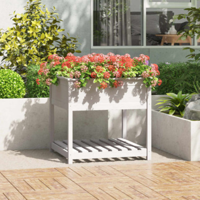 Jardinieră cu raft - alb - 82,5x82,5x81 cm - lemn masiv de pin