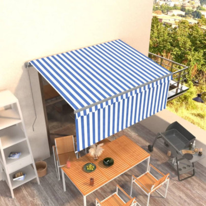 Copertină retractabilă manual cu stor - albastru & alb - 3x2,5 m