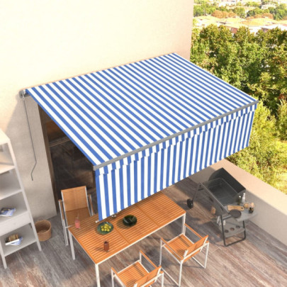 Copertină retractabilă manual cu stor - albastru & alb - 4x3 m