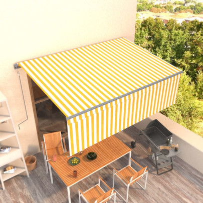 Copertină retractabilă automat cu stor - galben&alb - 4,5x3 m