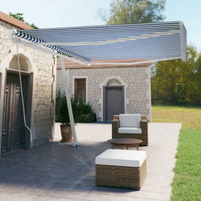 Copertină autonomă retractabilă manual - albastru/alb 500x350 cm