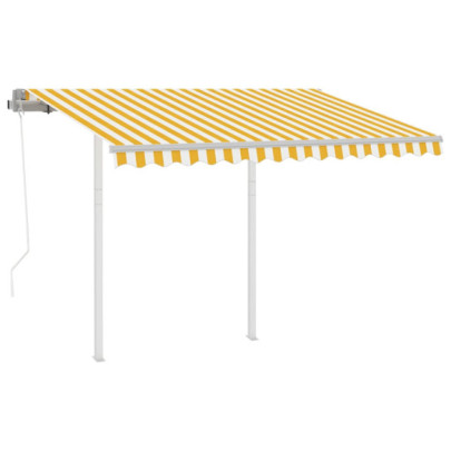 Copertină retractabilă automat - cu stâlpi - galben&alb 3,5x2,5 m