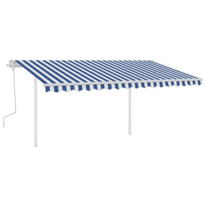 Copertină retractabilă manual cu stâlpi - albastru&alb - 4x3,5 m