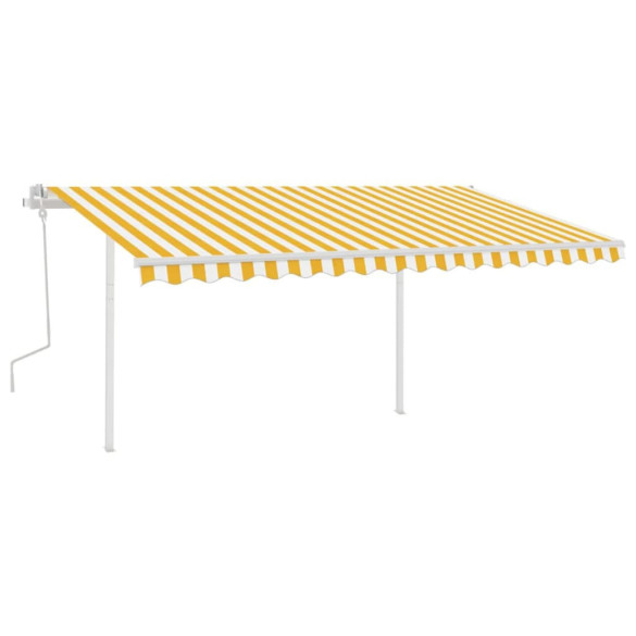 Copertină retractabilă manual cu stâlpi - galben și alb - 4x3,5 m