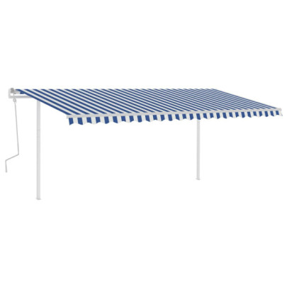 Copertină retractabilă manual cu stâlpi - albastru/alb 5x3,5 m