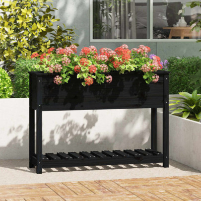 Jardinieră cu raft - negru - 111,5x34,5x81 cm - lemn masiv de pin