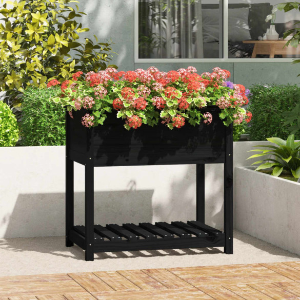 Jardinieră cu raft - negru - 82,5x54x81 cm - lemn masiv de pin