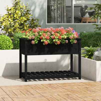 Jardinieră cu raft - negru - 111,5x54x81 cm - lemn masiv de pin