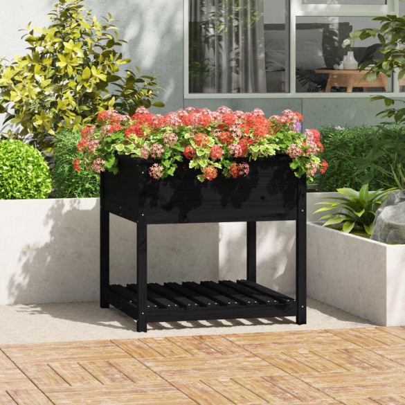 Jardinieră cu raft - negru - 82,5x82,5x81 cm - lemn masiv de pin