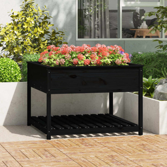 Jardinieră cu raft - negru - 111,5x111,5x81 cm - lemn masiv de pin