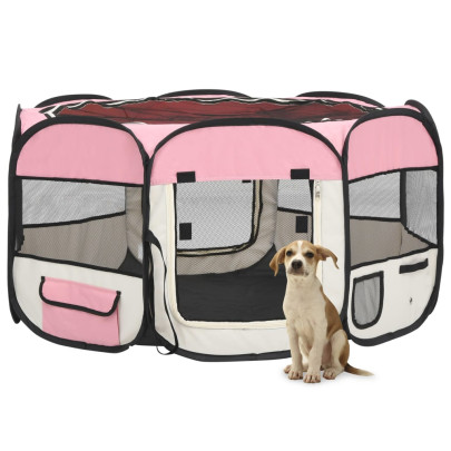 Țarc joacă pliabil câini cu sac de transport roz 125x125x61 cm