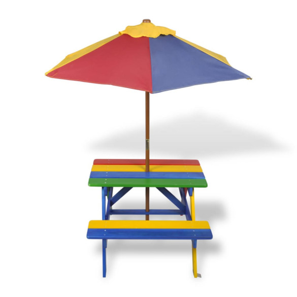 Masă de picnic pentru copii cu bănci & umbrelă - lemn multicolor