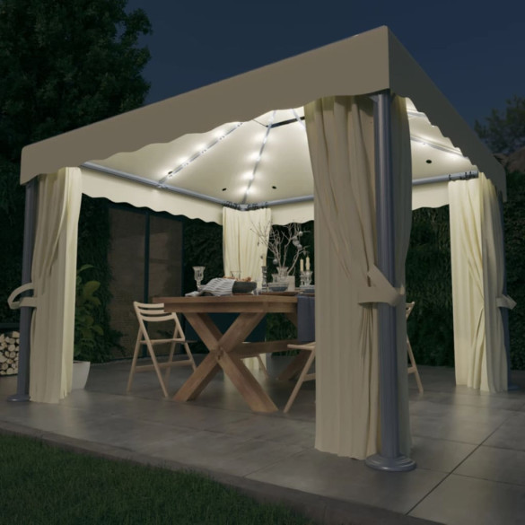 Pavilion cu perdele & șiruri lumini LED - alb crem - 3x3 m