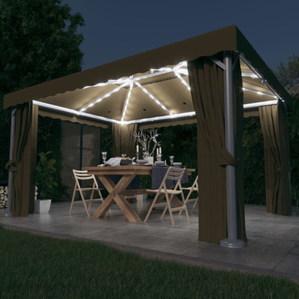 Pavilion cu perdea & șir de lumini LED - gri taupe - 4x3 m