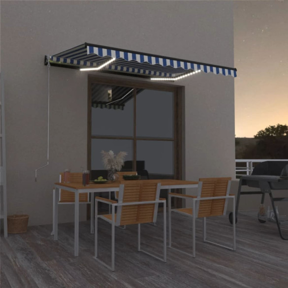 Copertină retractabilă manual cu LED - albastru&alb - 400x300 cm