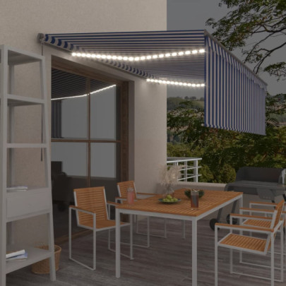 Copertină retractabilă manual cu stor&LED - albastru&alb - 4x3 m