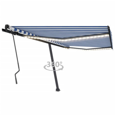 Copertină retractabilă manual cu LED - albastru&alb - 400x300 cm