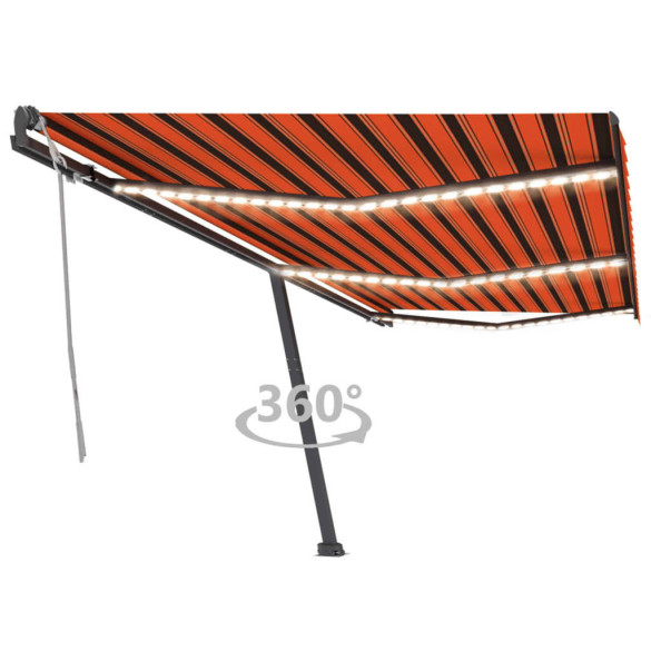 Copertină retractabilă manual LED - portocaliu/maro - 600x300 cm