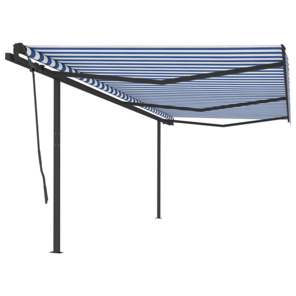 Copertină retractabilă manual cu stâlpi - albastru&alb - 6x3,5 m