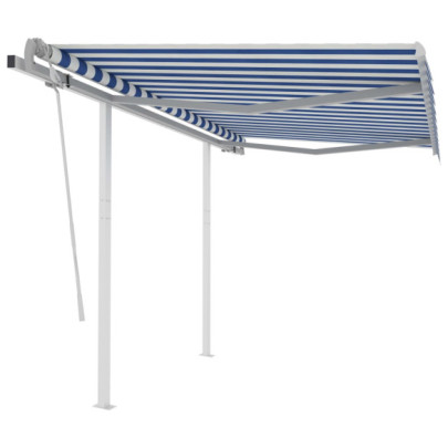 Copertină retractabilă manual cu stâlpi - albastru/alb - 3x2,5 m