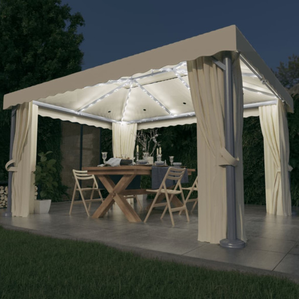 Pavilion cu perdele & șiruri lumini LED - alb crem - 4x3 m