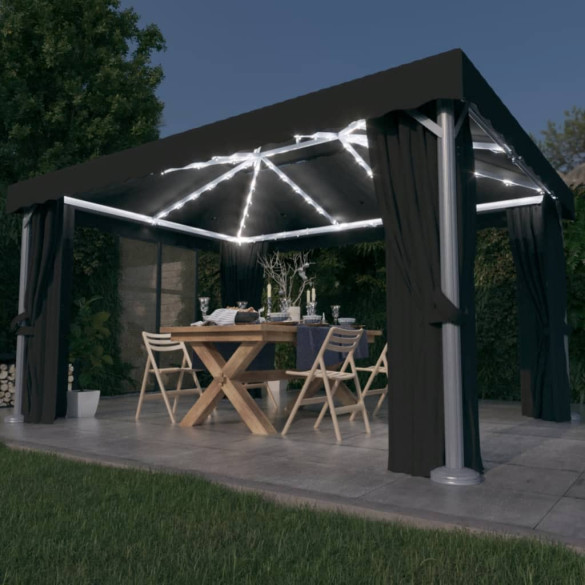 Pavilion cu perdele & șiruri lumini LED - antracit - 4x3 m