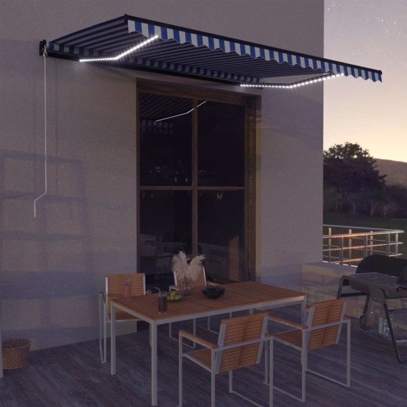 Copertină retractabilă manual LED - albastru și alb - 450x300 cm