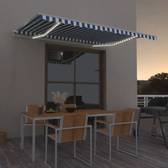 Copertină retractabilă manual cu LED - albastru/alb - 450x350 cm