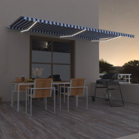 Copertină retractabilă manual LED - albastru și alb - 600x350 cm