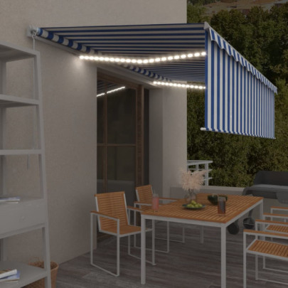 Copertină retractabilă manual cu stor&LED - albastru&alb - 5x3 m