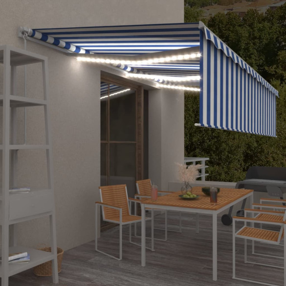 Copertină retractabilă manual cu stor&LED - albastru&alb - 6x3 m