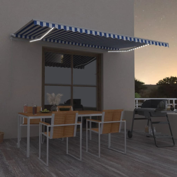 Copertină retractabilă manual cu LED - albastru&alb - 500x350 cm