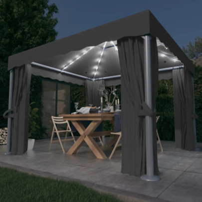 Pavilion cu perdele & șiruri lumini LED - antracit - 3x3 m