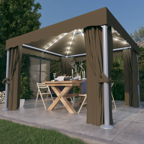 Pavilion cu perdea & șir de lumini LED - gri taupe - 3x3 m