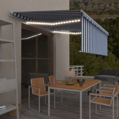 Copertină retractabilă manual cu stor&LED - albastru&alb - 4x3 m