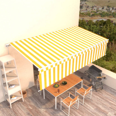 Copertină retractabilă manual cu stor - galben&alb - 6x3 m