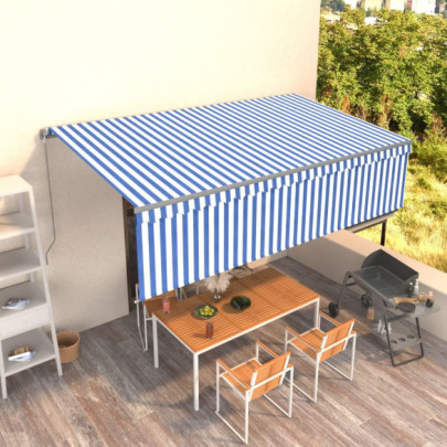 Copertină retractabilă manual cu stor - albastru&alb - 5x3 m