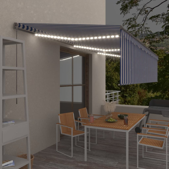 Copertină retractabilă manual cu stor&LED - albastru&alb - 6x3 m