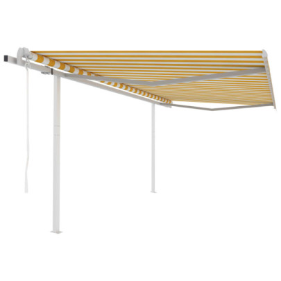 Copertină retractabilă automat - cu stâlpi - galben&alb - 4x3 m