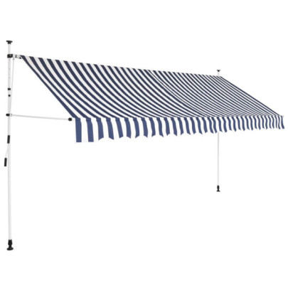 Copertină retractabilă manual - dungi albastru și alb - 350 cm