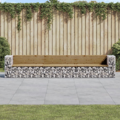 Bancă grădină design gabion - 347x71x65,5 cm - lemn pin impregnat